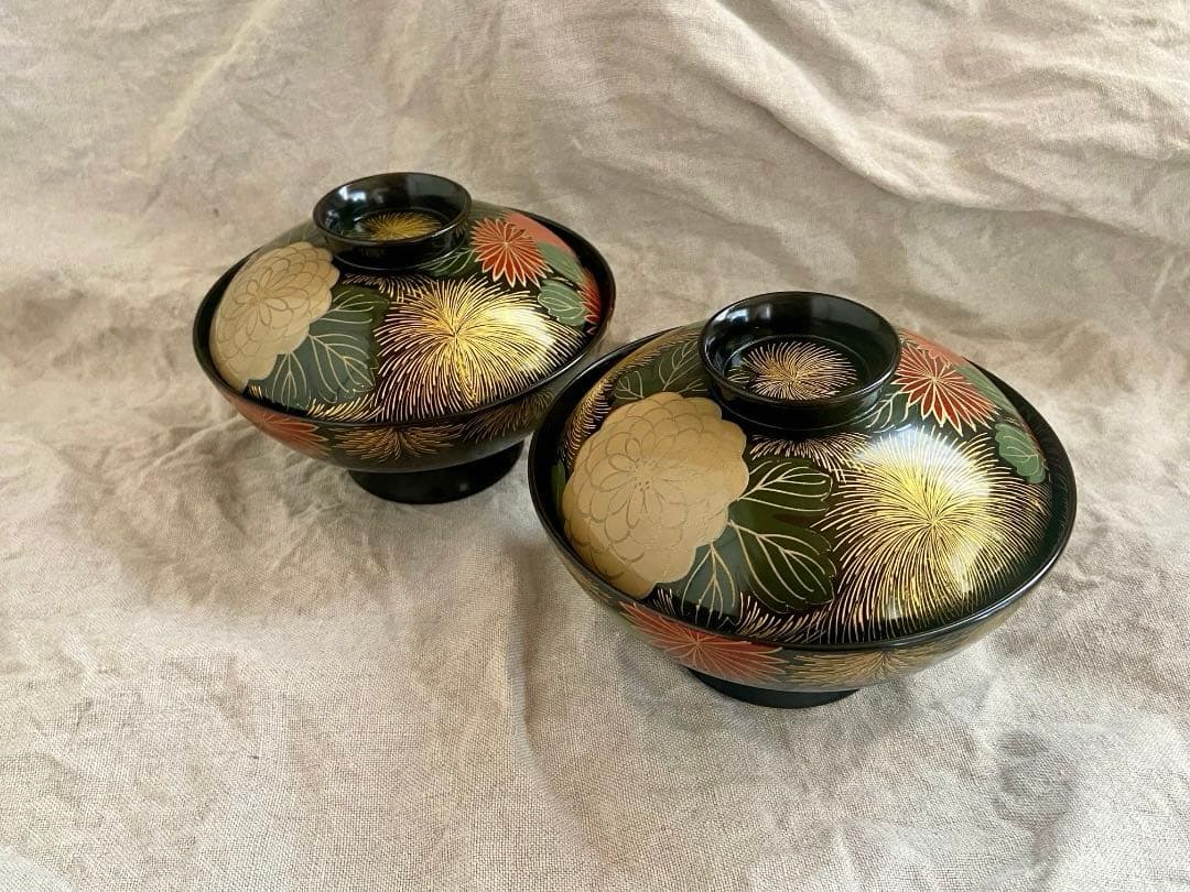 輪島塗 菊詰沈金花蒔絵 蓋付椀 2客 / 懐石椀・吸物椀・雑煮椀