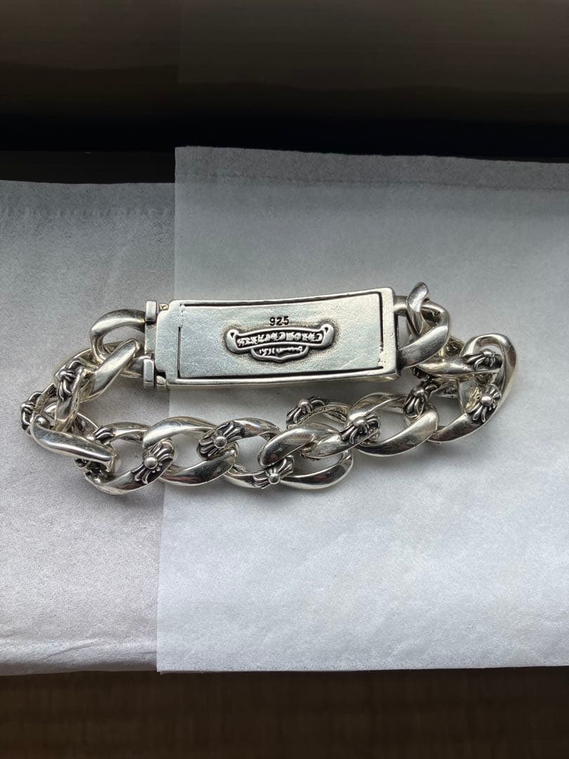 美品 22cm フローラルクロス IDブレスレット ファンシーチェーン 重厚ごつ