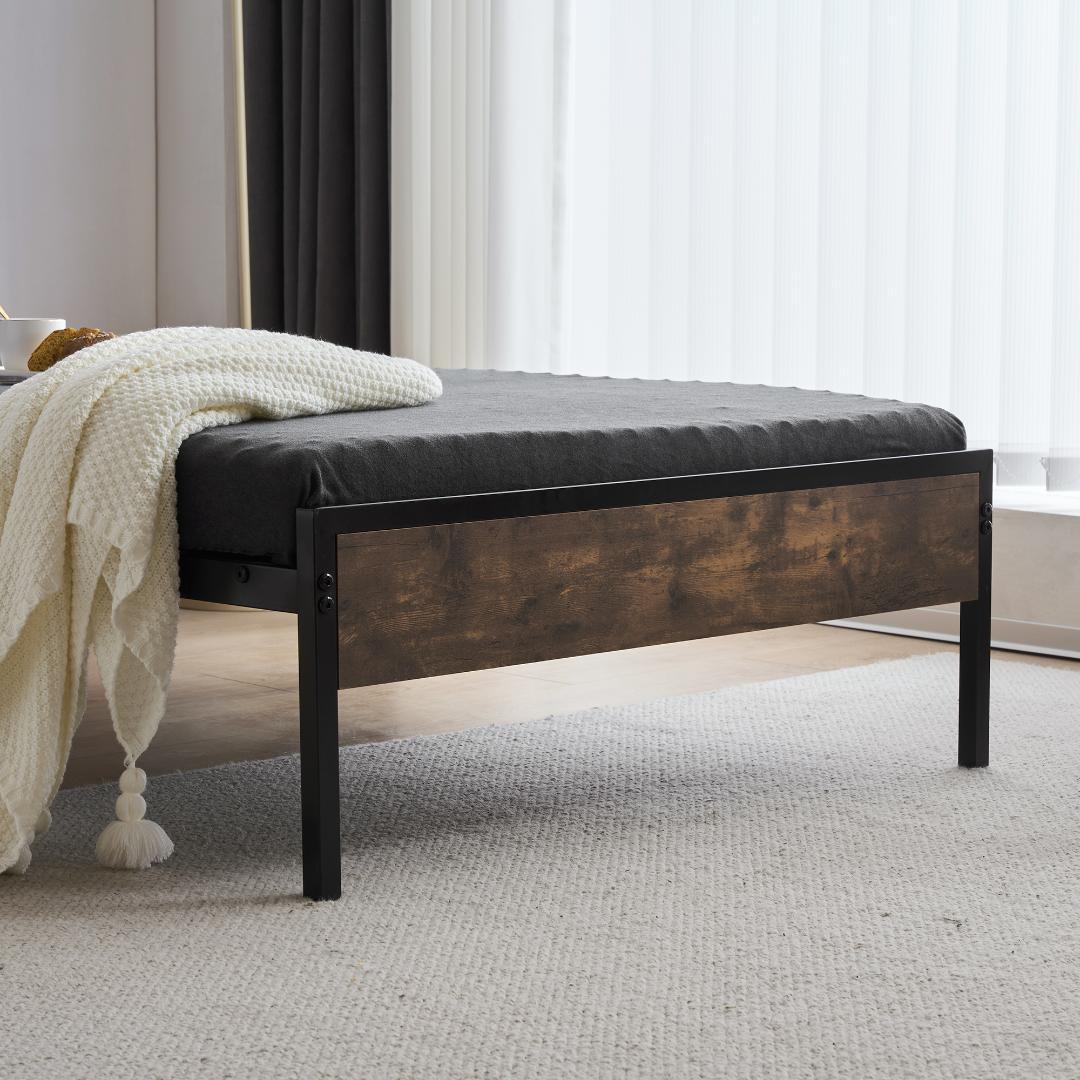 【宮棚＆コンセント付】セミダブルベッド 木×スチール 北欧風 ヴィンテージ調