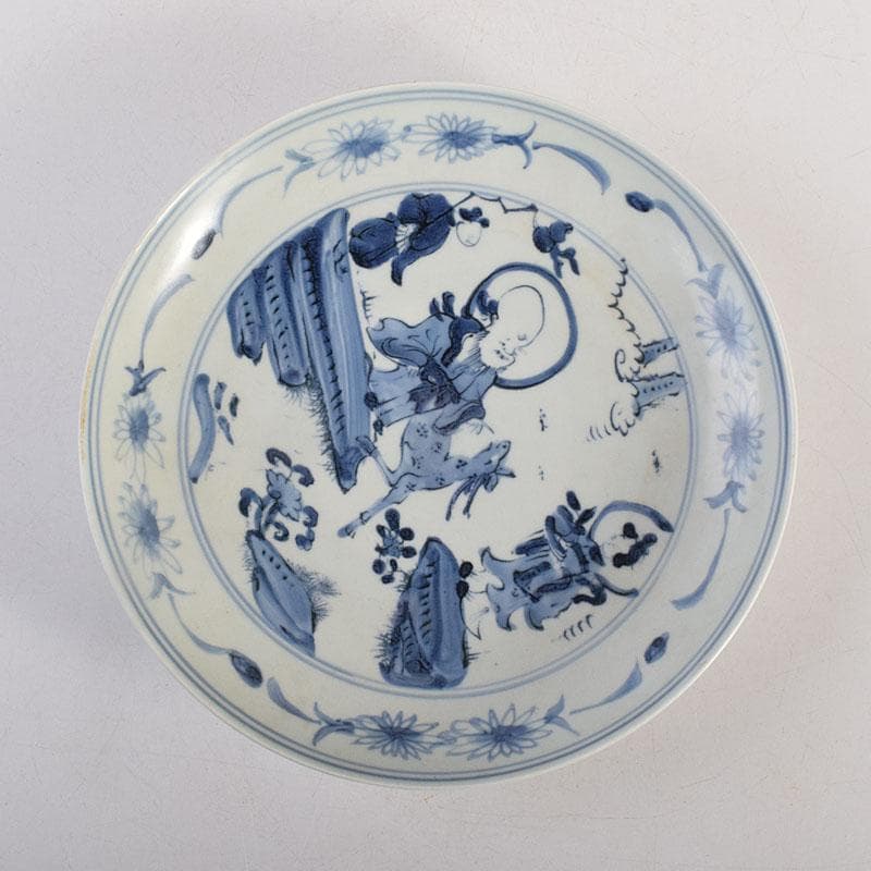 中国　天啓年製　青花　山水人物文盤　皿　V　R8823