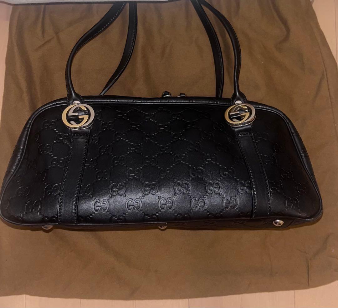 【美品】GUCCI グッチGGツインズ　ミニボストンバッグ　シマレザー ブラック