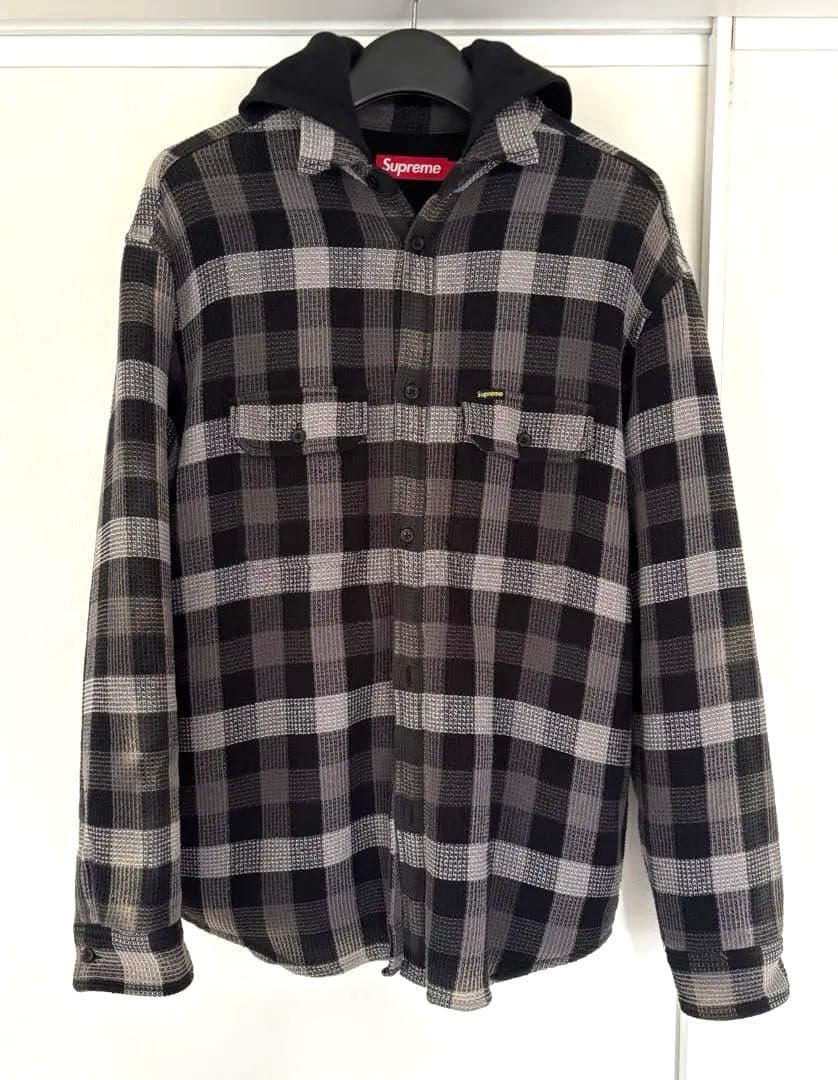 SUPREME Waffle Plaid Hooded Shirt M 黒