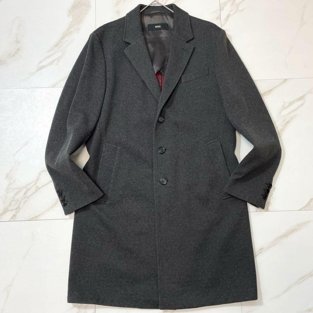 【美品】ヒューゴボス チェスターコート ストレッチ ロング 裏地赤 グレー 50