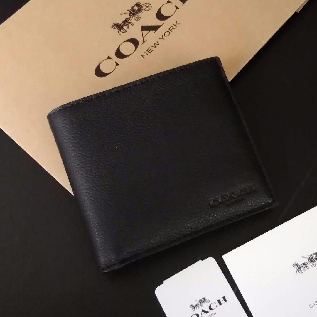 新品　COACH　折り財布　メンズ　ブラック　人気の小銭入れ付き