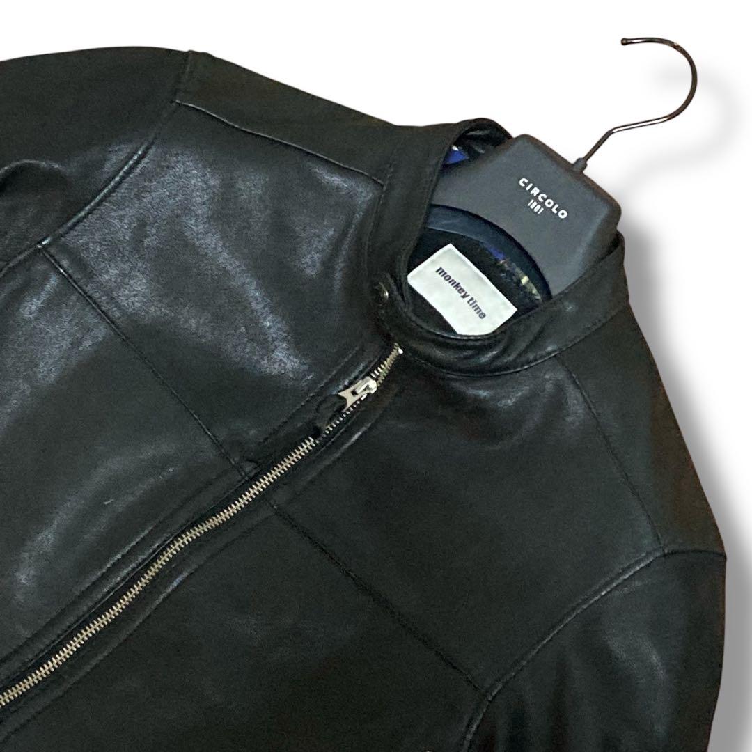 monkey time ブラックレザー シングルライダース L 花柄 やぎ革