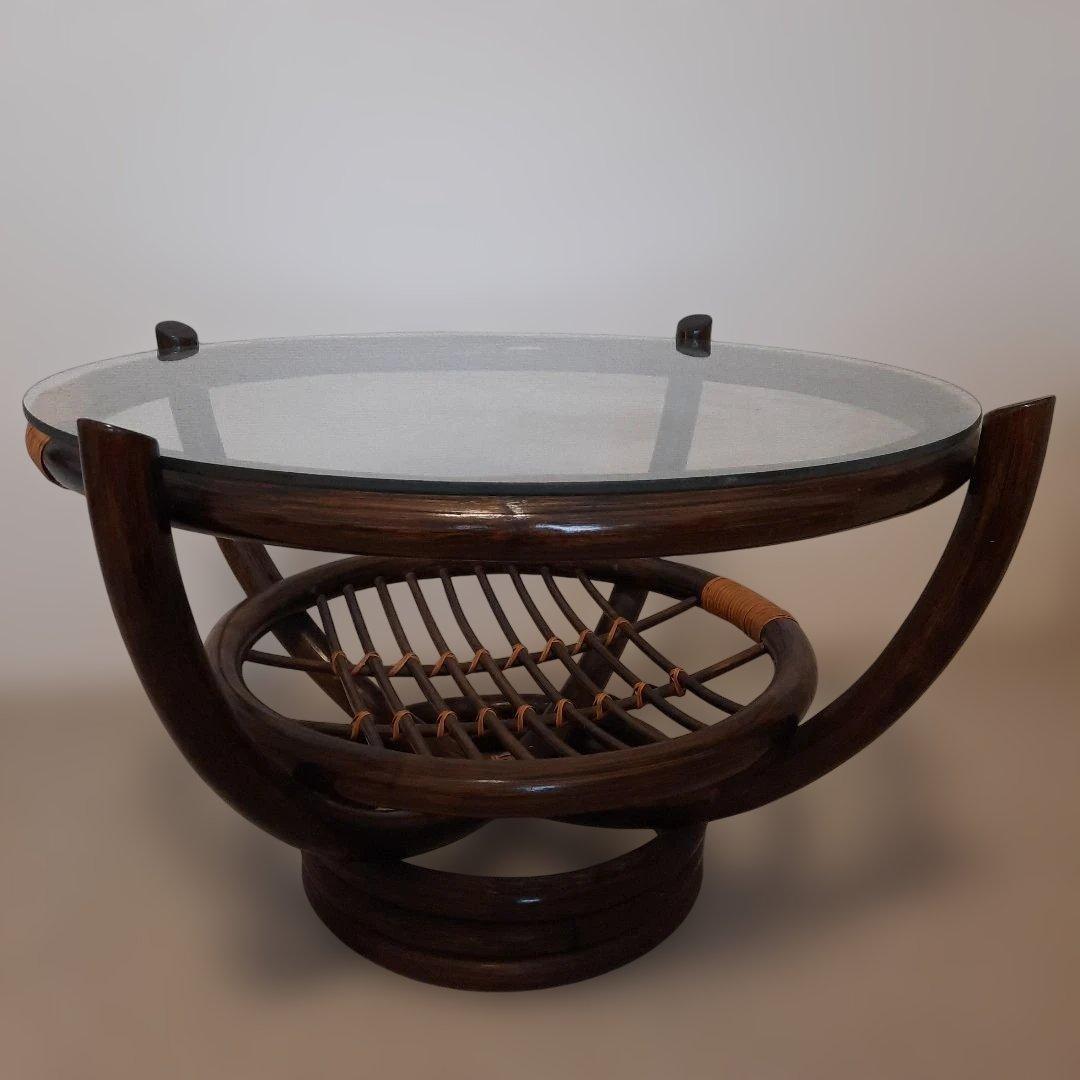 ガラステーブル ラタン 籘 サイドテーブル 円形 ガラス天板