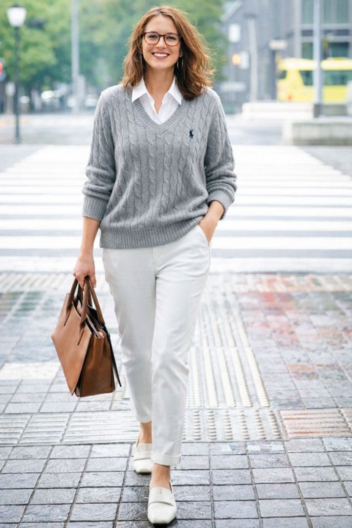 ラルフローレン Vネック ケーブルニット グレー Lサイズ