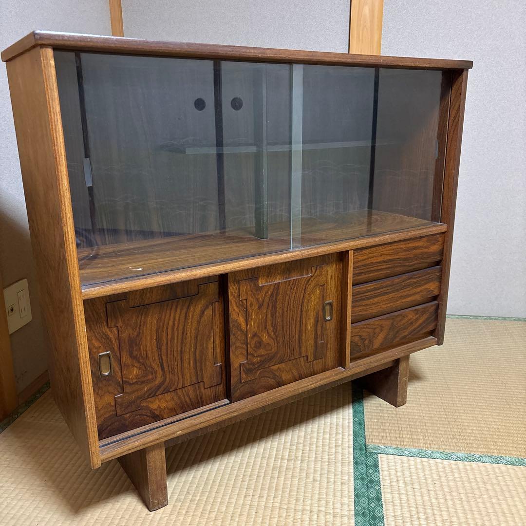 レトロ　木製ディスプレイキャビネット ガラス扉付き
