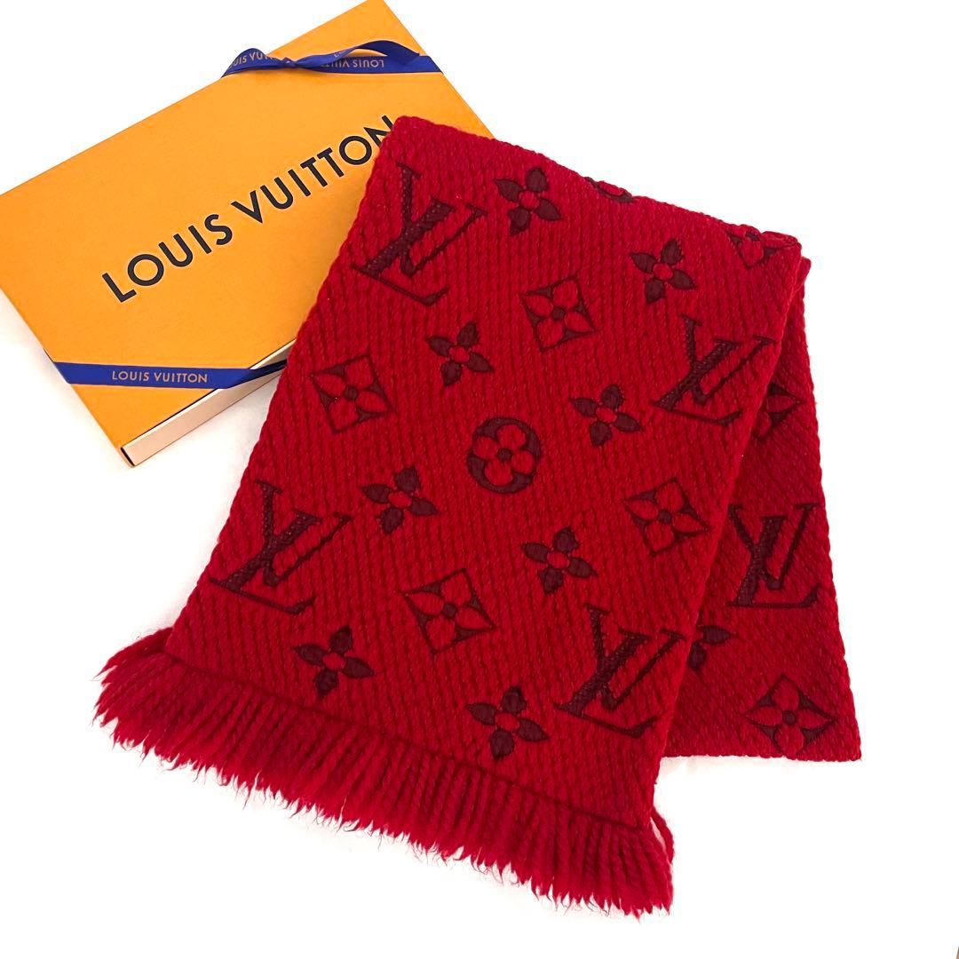 極美品✨赤ルイヴィトン エシャルプ ロゴマニア ルビー マフラー シルク ウール