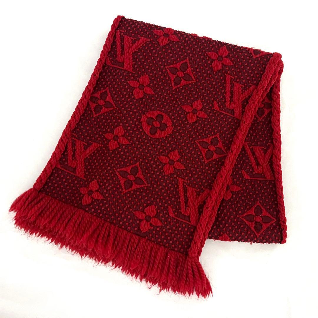 極美品✨赤ルイヴィトン エシャルプ ロゴマニア ルビー マフラー シルク ウール