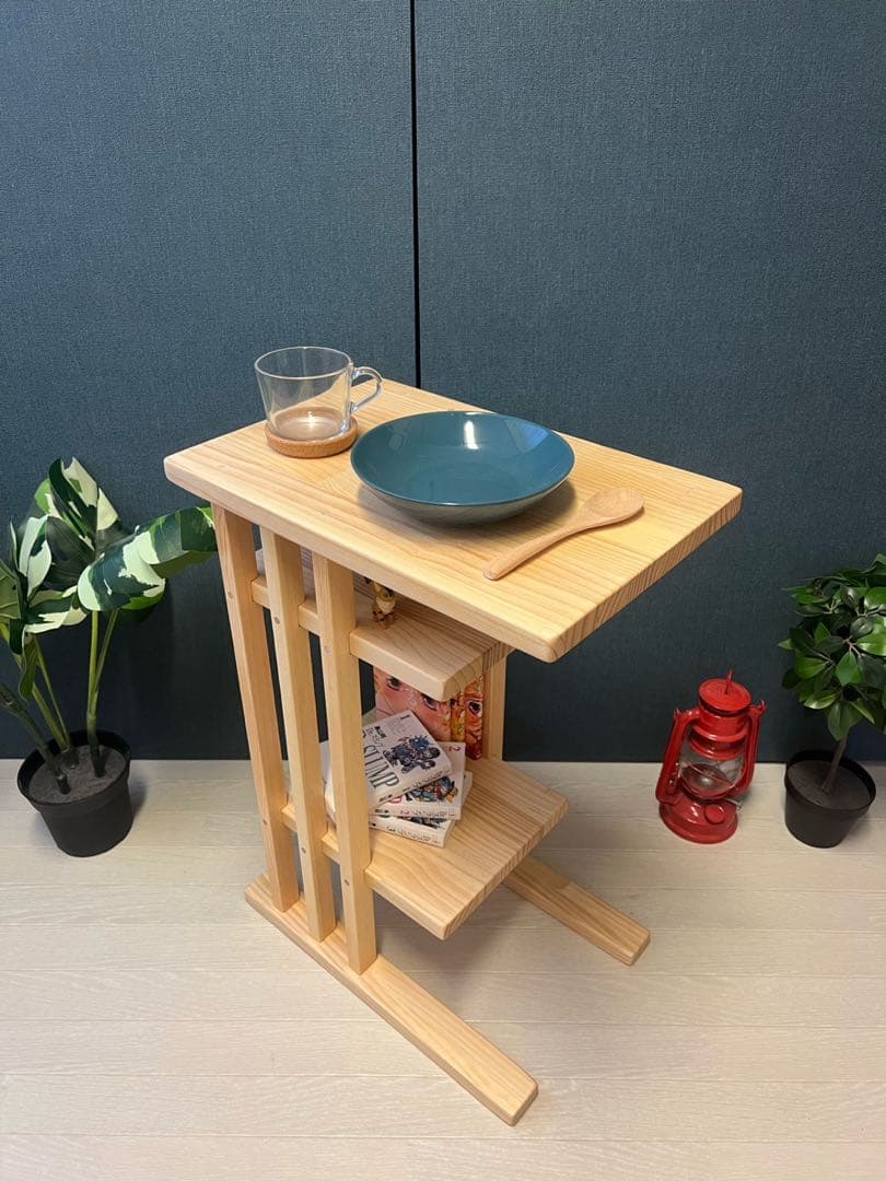 【送料無料】 サイドテーブル 格子形 棚付 45cm30cm パイン ナチュラル