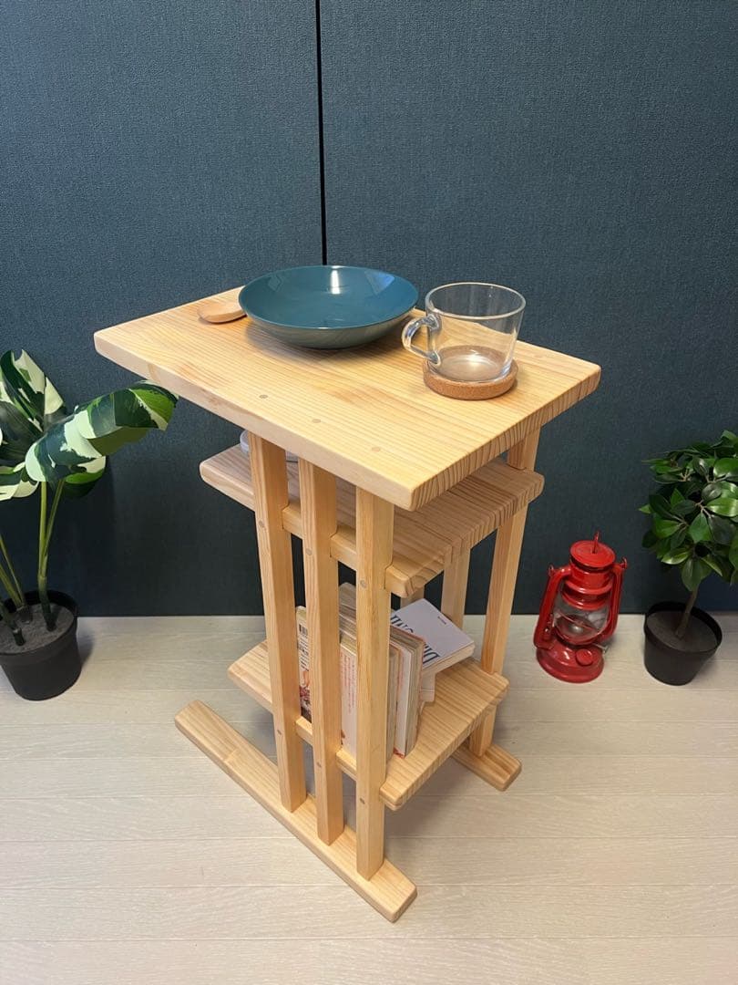 【送料無料】 サイドテーブル 格子形 棚付 45cm30cm パイン ナチュラル