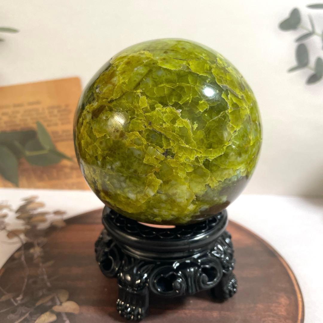 天然石　希少　天然グリーンオパール　大玉スフィア　78ミリ【台座付き】