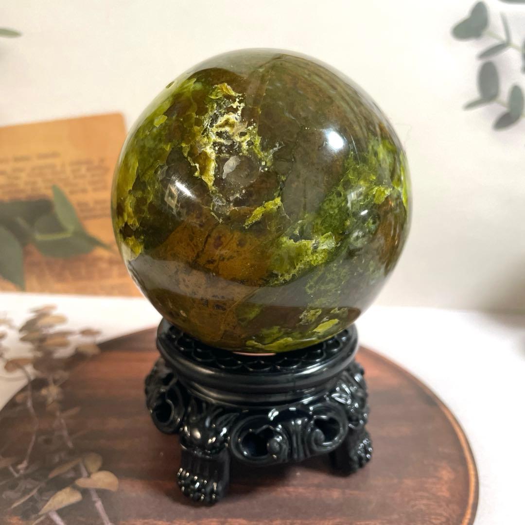 天然石　希少　天然グリーンオパール　大玉スフィア　78ミリ【台座付き】