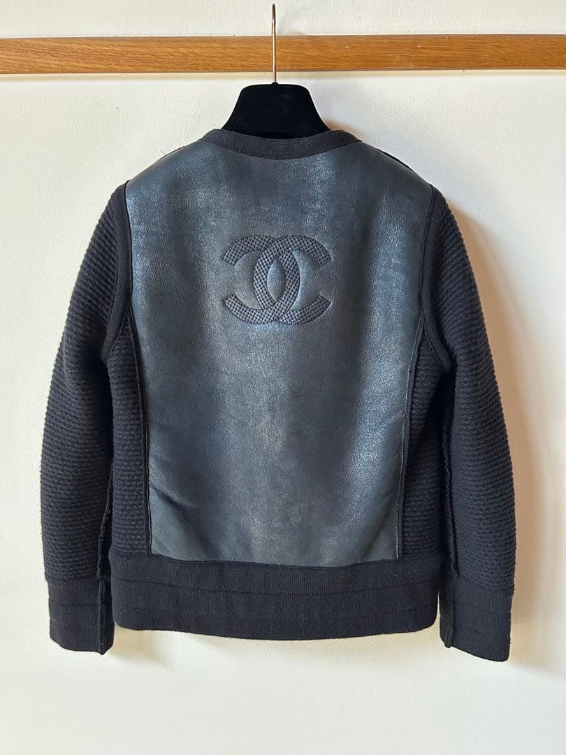 CHANELシャネル ブルゾン　リバーシブル　ラムスキンニット　ネイビー　34