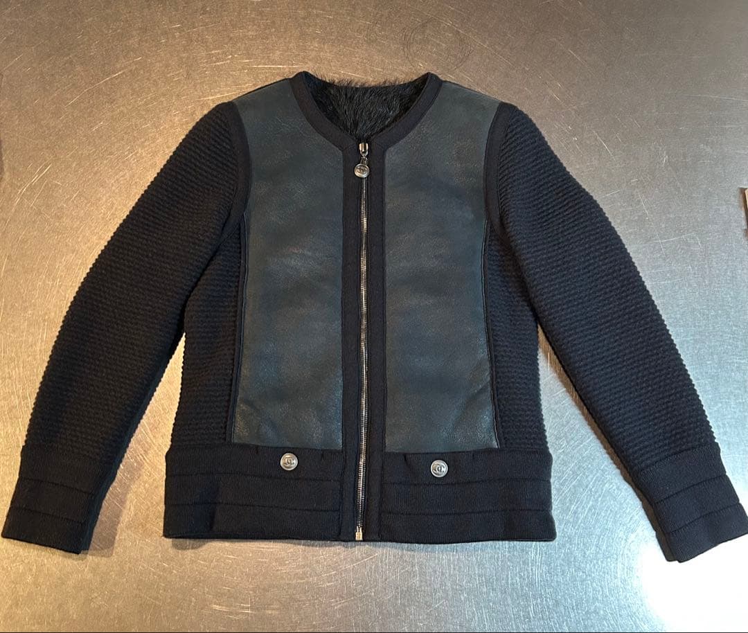 CHANELシャネル ブルゾン　リバーシブル　ラムスキンニット　ネイビー　34
