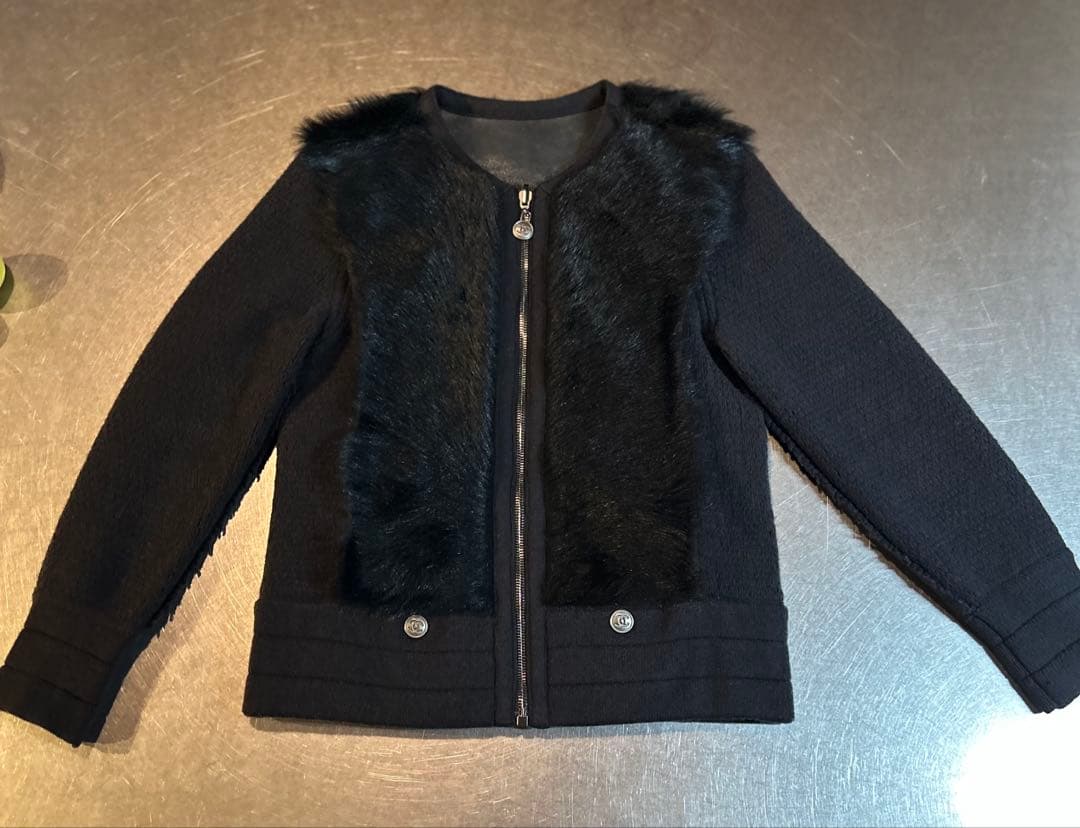 CHANELシャネル ブルゾン　リバーシブル　ラムスキンニット　ネイビー　34