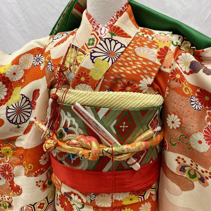 508ag48◎七五三 七歳 女児 アンティーク着物&袋帯&長襦袢 濃い朱色◎