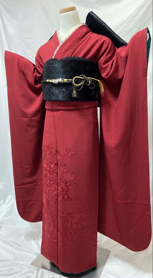 御所車花文刺繍　振袖　成人式　フルセット　正絹　　振袖フルセット