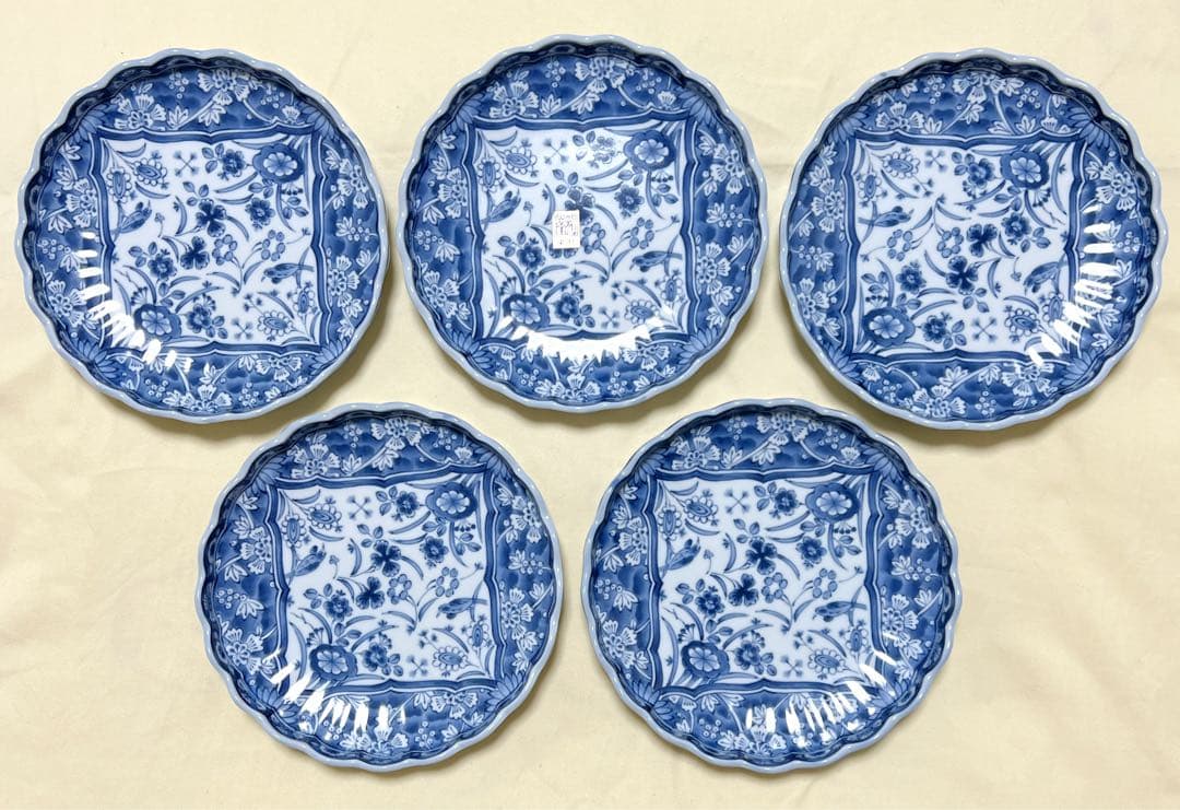 未使用　美濃焼　三洋陶器　龍峰窯　染付更紗　花鳥文　輪花菊割皿5枚