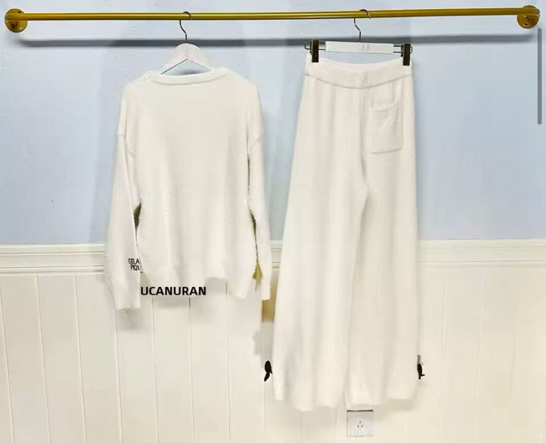 上下セット　リボン　ジェラートピケ　ホワイト　セットアップ　ルームウェア