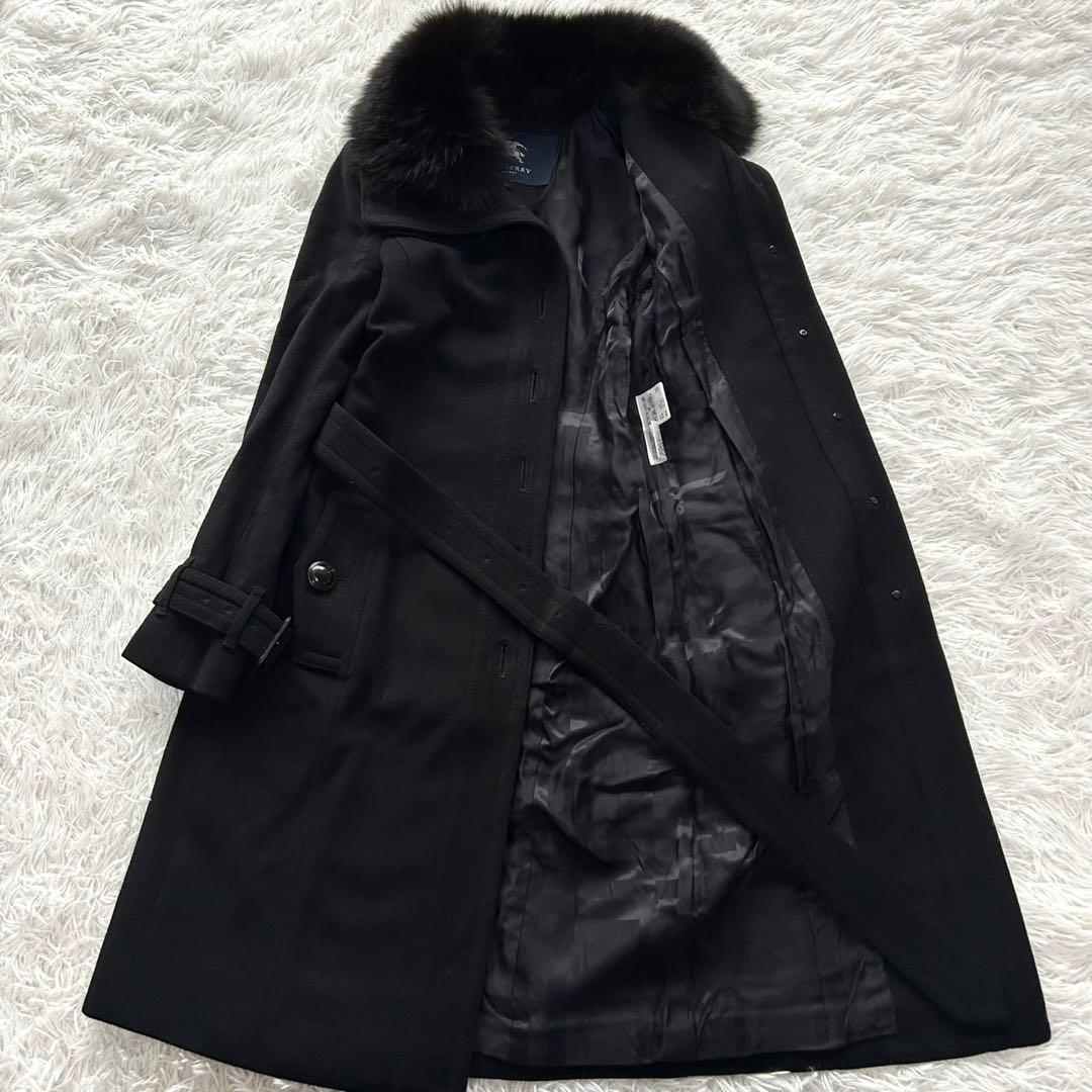バーバリーロンドン　ロングコート　カシミヤ混　フォックスファー　ベルト　黒　36
