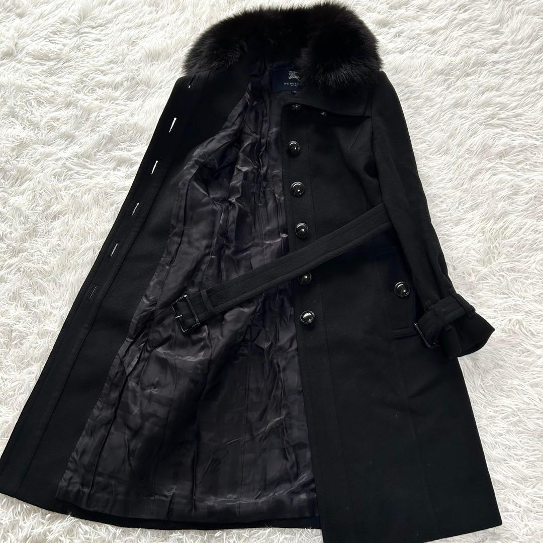 バーバリーロンドン　ロングコート　カシミヤ混　フォックスファー　ベルト　黒　36