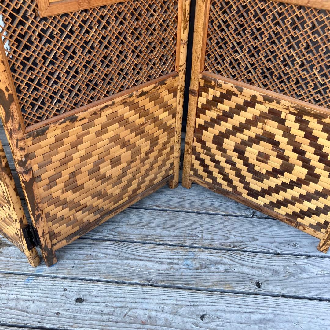 昭和レトロ 竹製格子型屏風 日本画 春夏秋冬草花 4枚 パーテーション 衝立