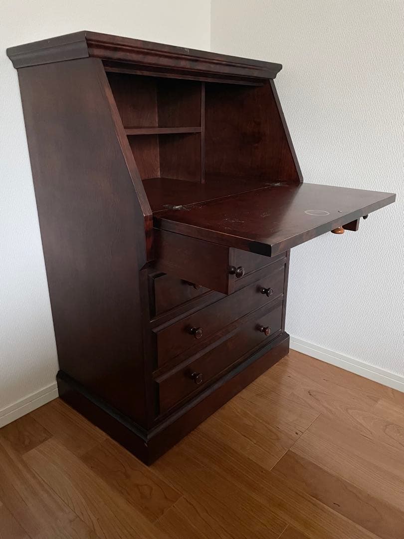 長野松本民芸家具　天然木ライティングビューロー ダークブラウン　デスク　チェスト