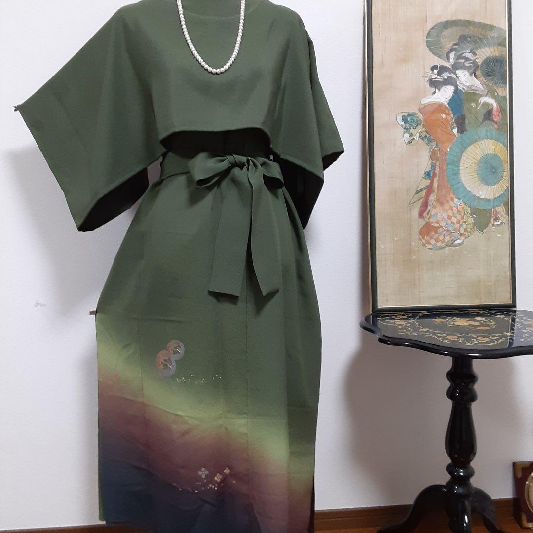 リメイク着物ロングワンピースボレロ付きＬ正絹日本刺繍