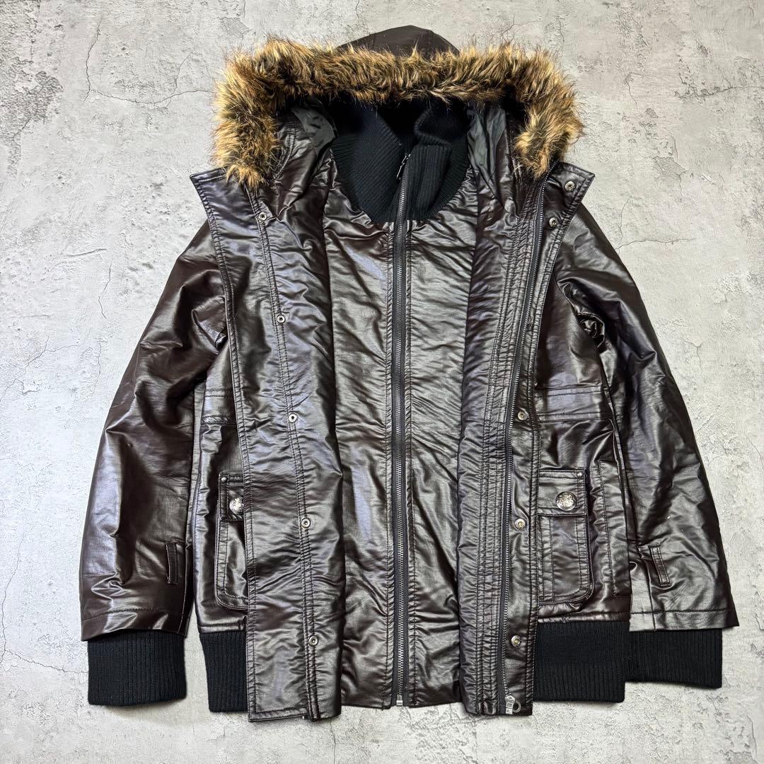 Y2K 短丈 ファー フェイクレザージャケット光沢 平成 お兄系