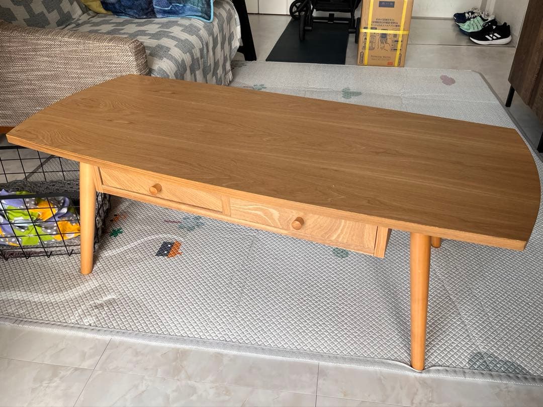 お洒落な両サイドがまるいセンターテーブル 引出し付き 幅110cm ローテーブル