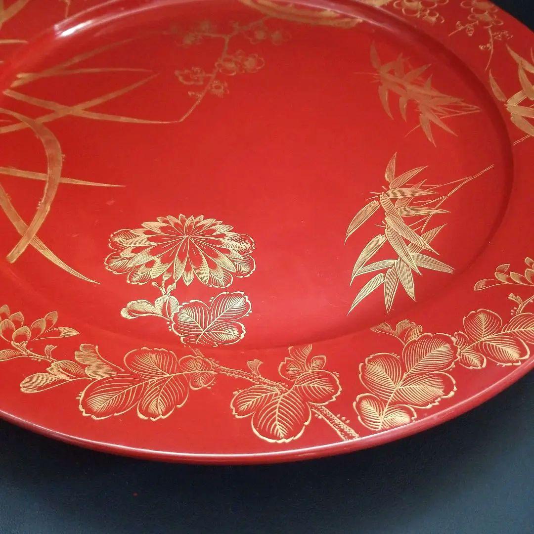 輪島塗 沈金 朱塗り 松竹梅 四季花 大皿 美術品 飾皿 約48cm1尺6寸