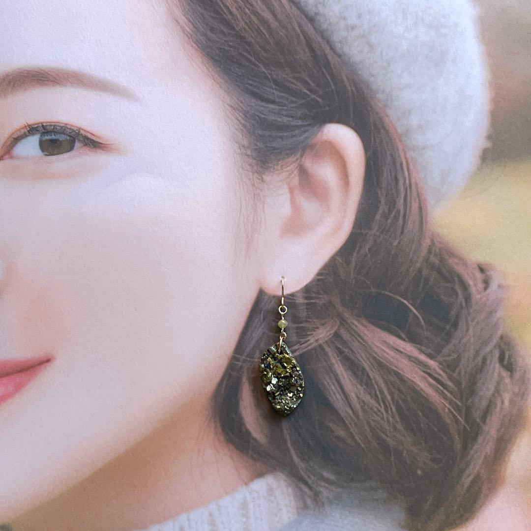 Kaya◆一点物✧パイライト×グレーイエローダイヤモンドピアス✧14kgf