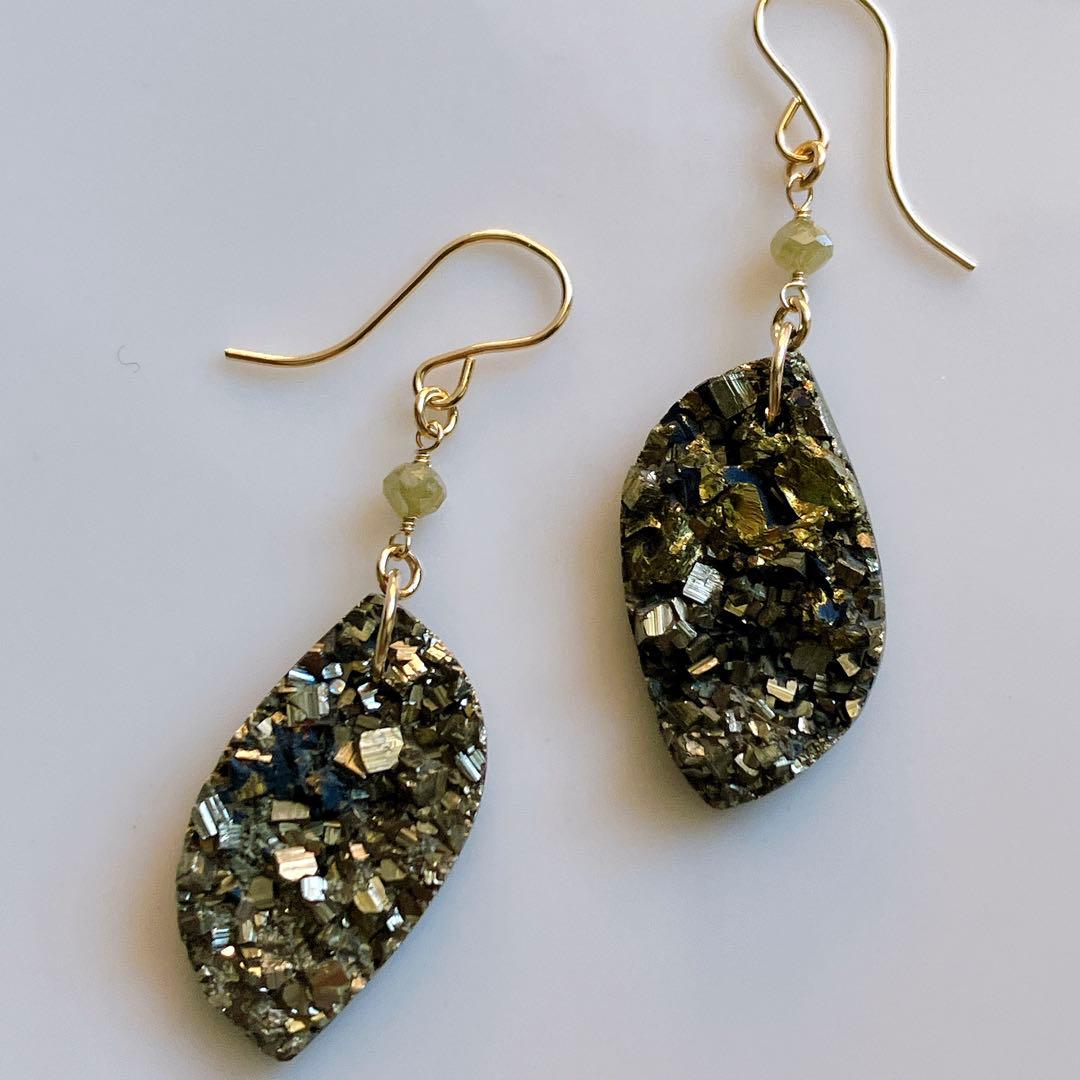 Kaya◆一点物✧パイライト×グレーイエローダイヤモンドピアス✧14kgf
