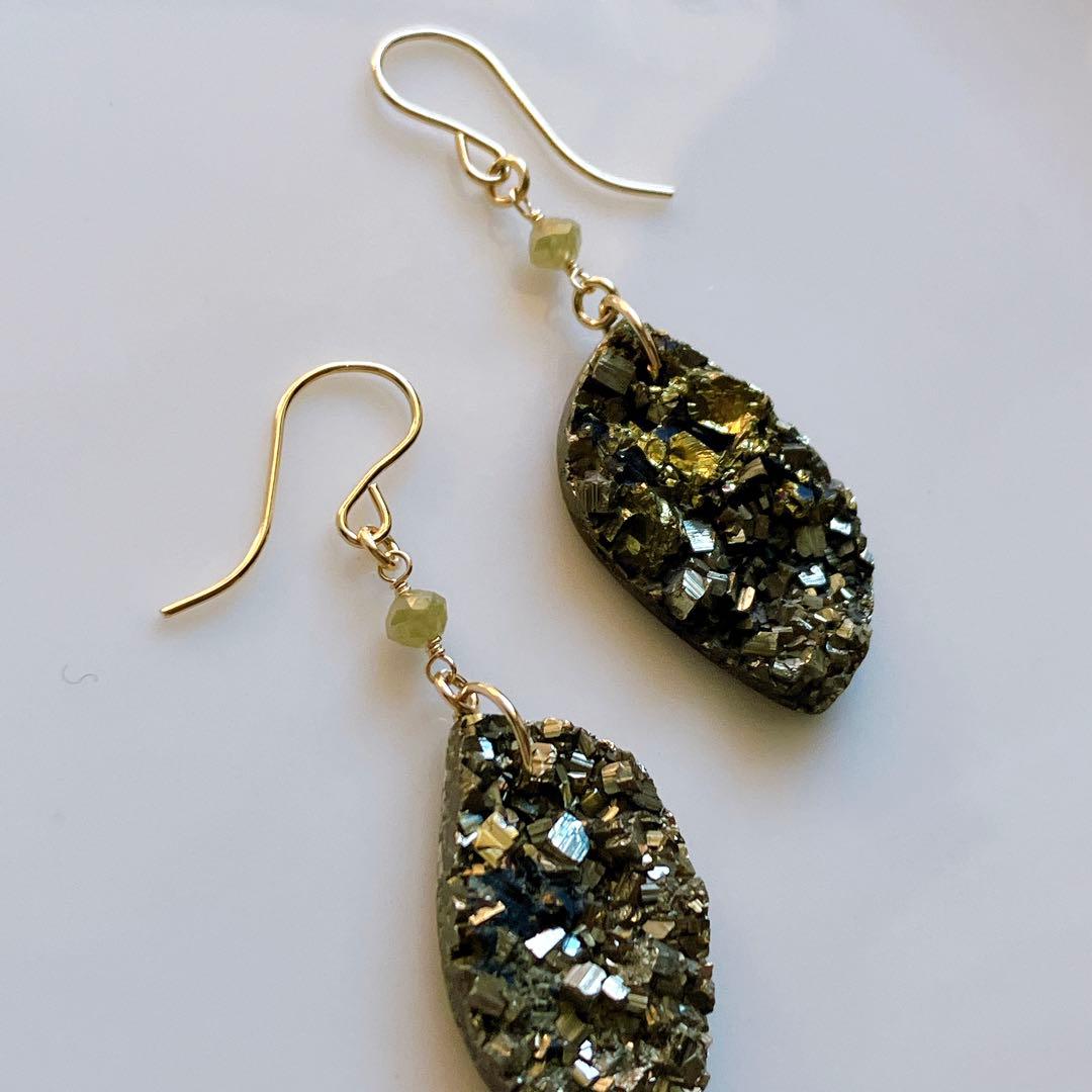 Kaya◆一点物✧パイライト×グレーイエローダイヤモンドピアス✧14kgf