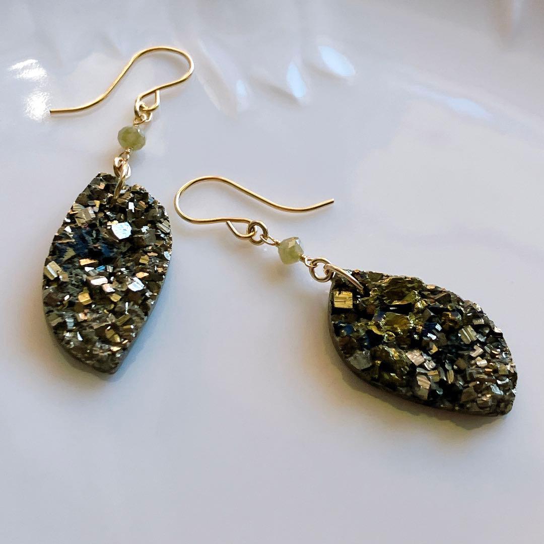 Kaya◆一点物✧パイライト×グレーイエローダイヤモンドピアス✧14kgf