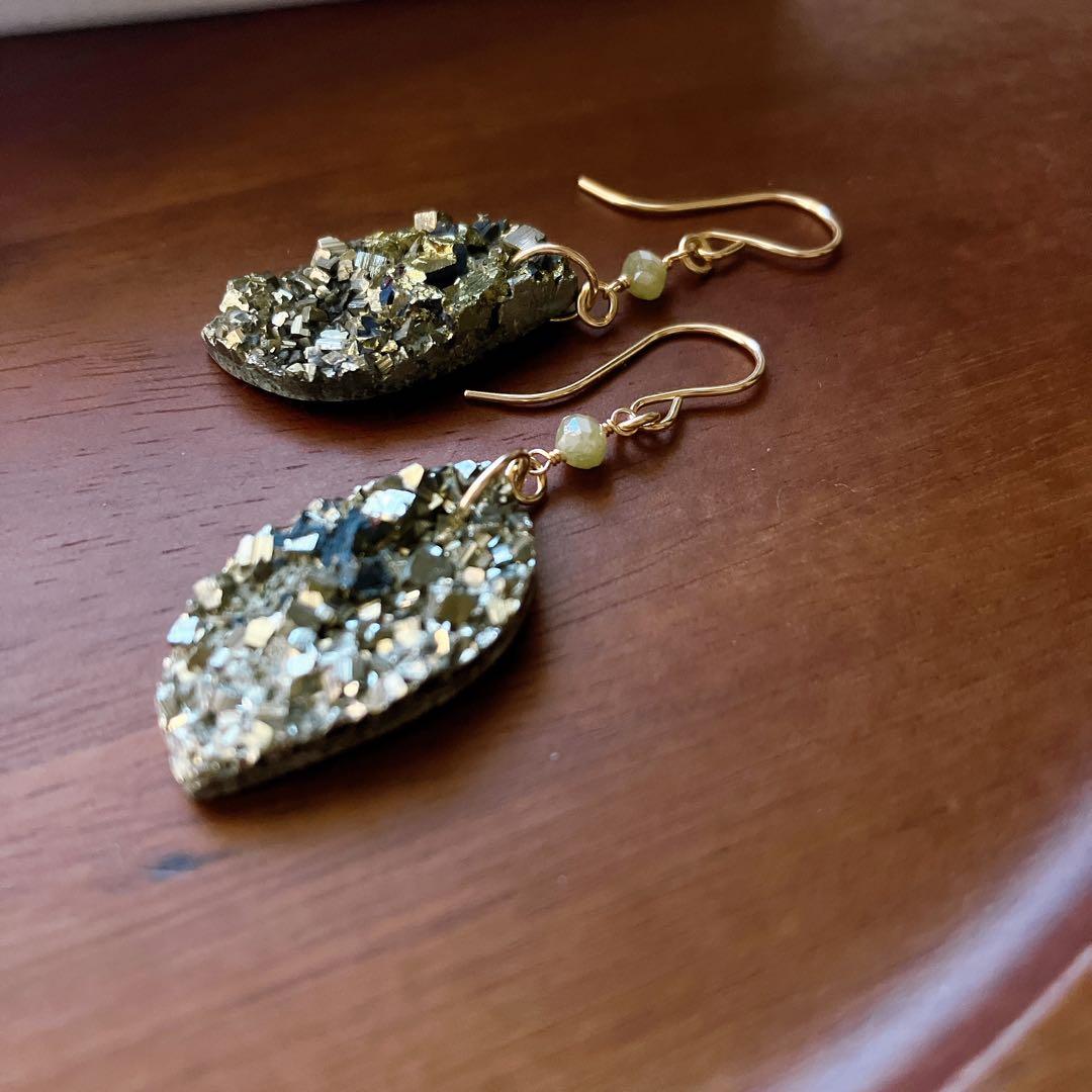 Kaya◆一点物✧パイライト×グレーイエローダイヤモンドピアス✧14kgf
