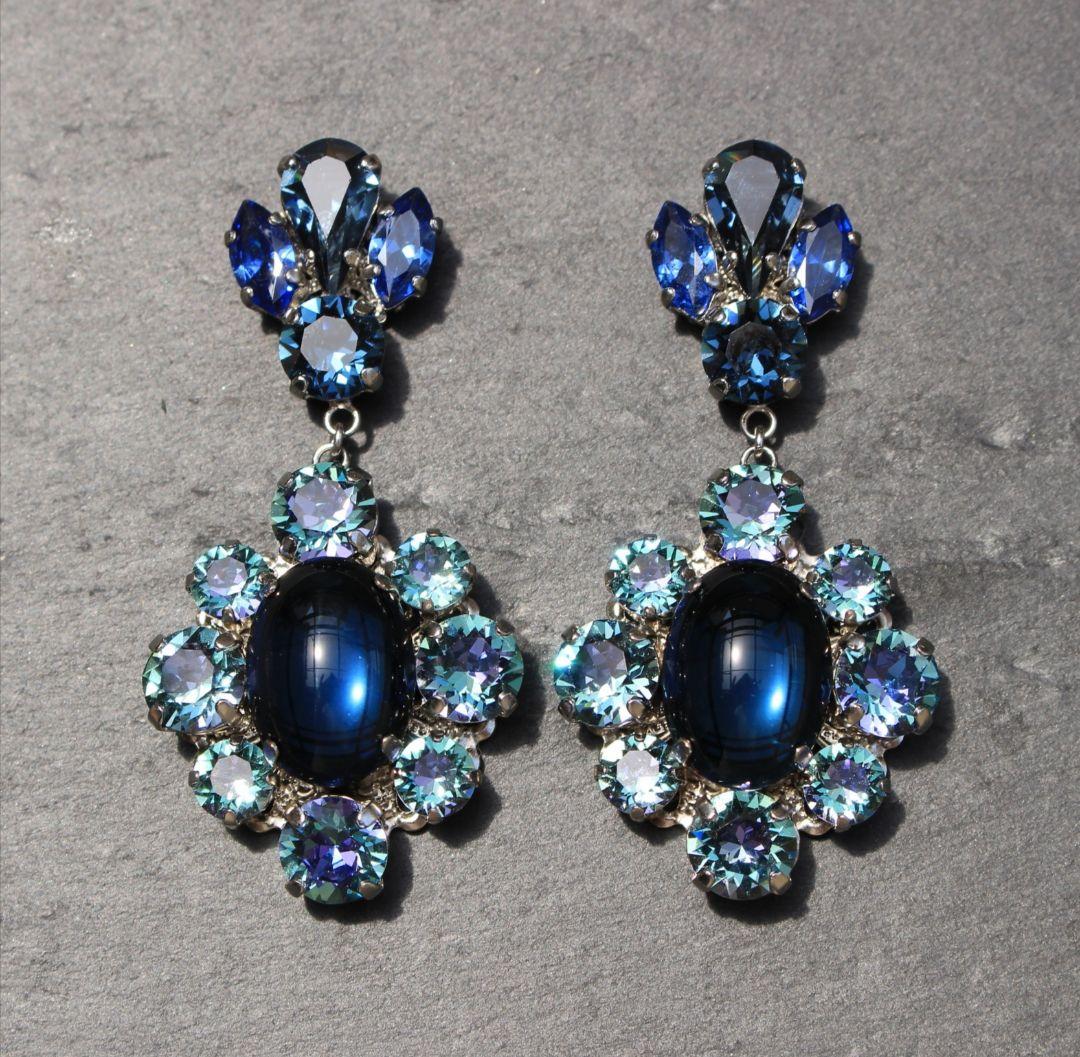 キラキラ ロココ調 ブルー系 スワロフスキー ピアス イヤリング ウェディング