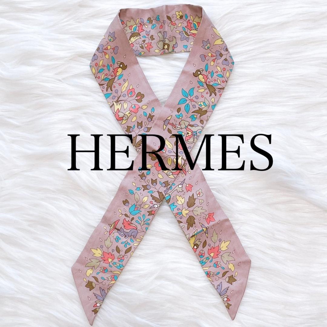 エルメス ツイリー モンスーンの庭 スカーフ ピンク　シルク100％