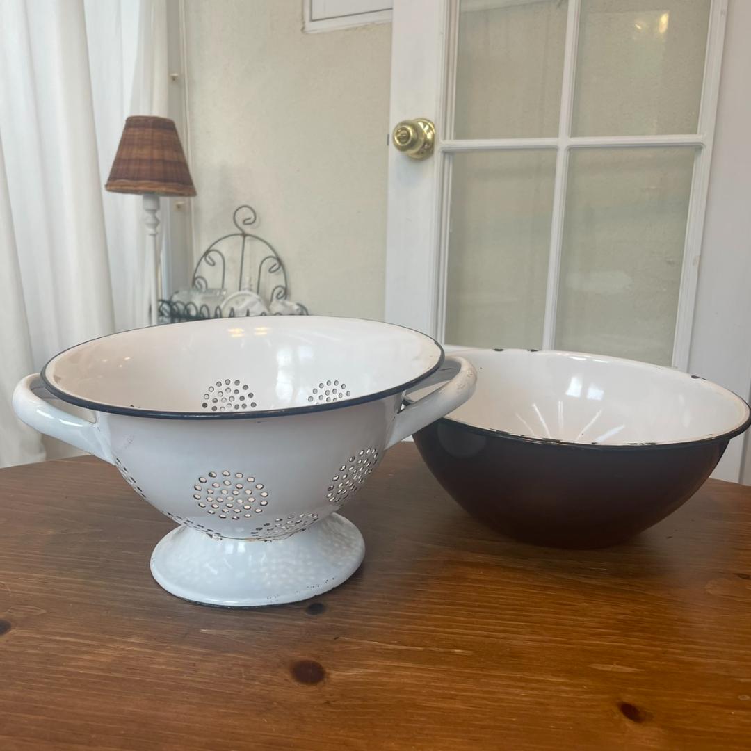 イギリスアンティーク ホーロー コランダー ボウル セット ジャンク ビンテージ