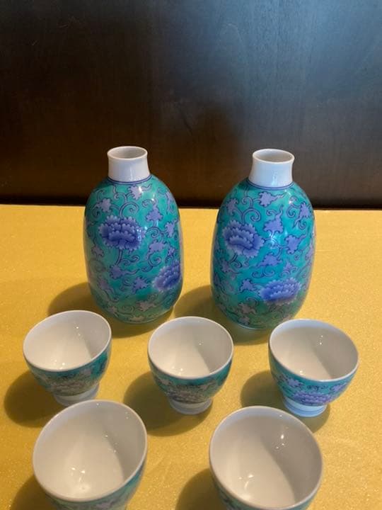 香蘭社　青華緑彩唐草文　手描き　酒器7点セット