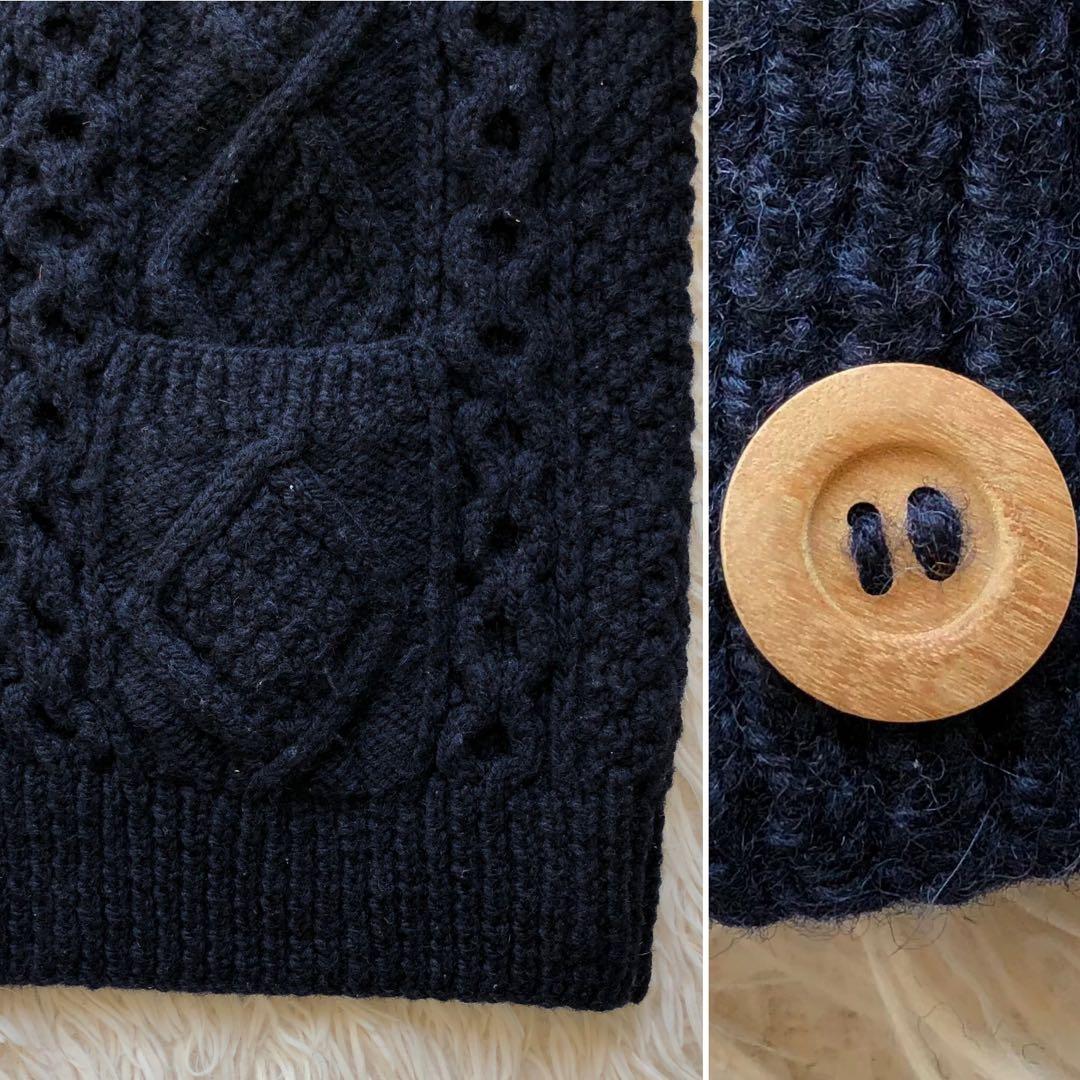 【美品アイルランド製】アテナデザイン　アランニット　カーディガン　紺　木製ボタン