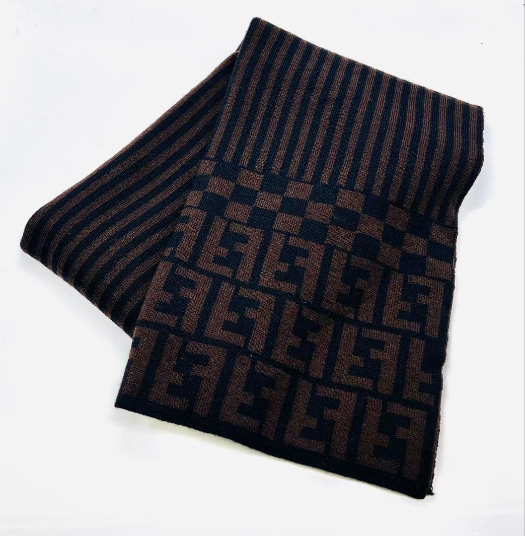 FENDI フェンディ ズッカ柄 ストライプ マフラー ウール100% 保管品