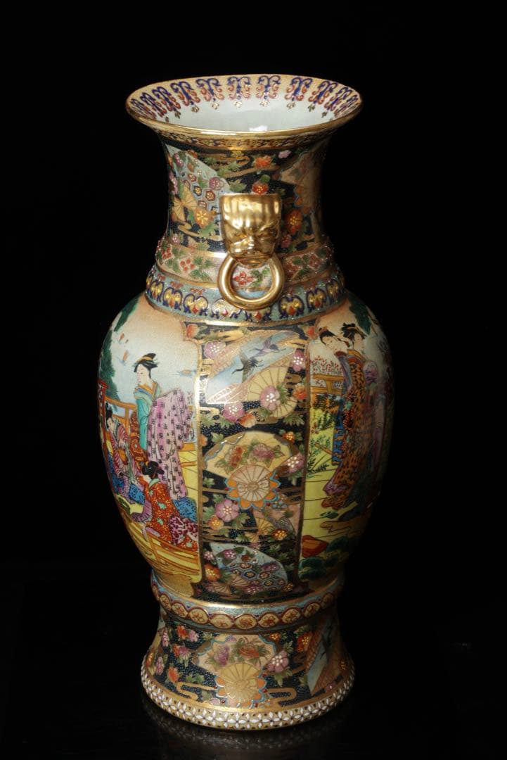 薩摩焼 金薩摩 美人図 大花瓶 高さ61.5㎝ 飾壷 耳付き 花入 古美術品