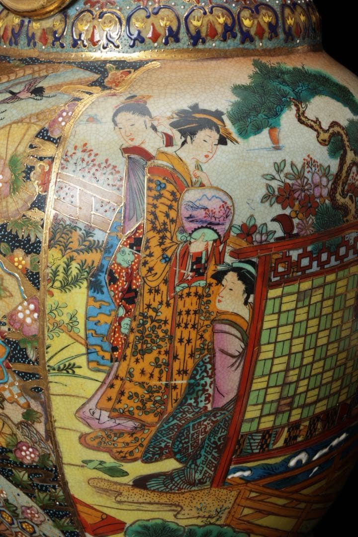 薩摩焼 金薩摩 美人図 大花瓶 高さ61.5㎝ 飾壷 耳付き 花入 古美術品