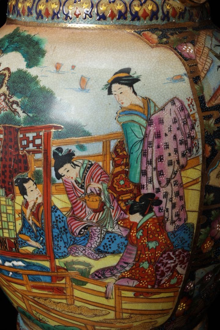 薩摩焼 金薩摩 美人図 大花瓶 高さ61.5㎝ 飾壷 耳付き 花入 古美術品