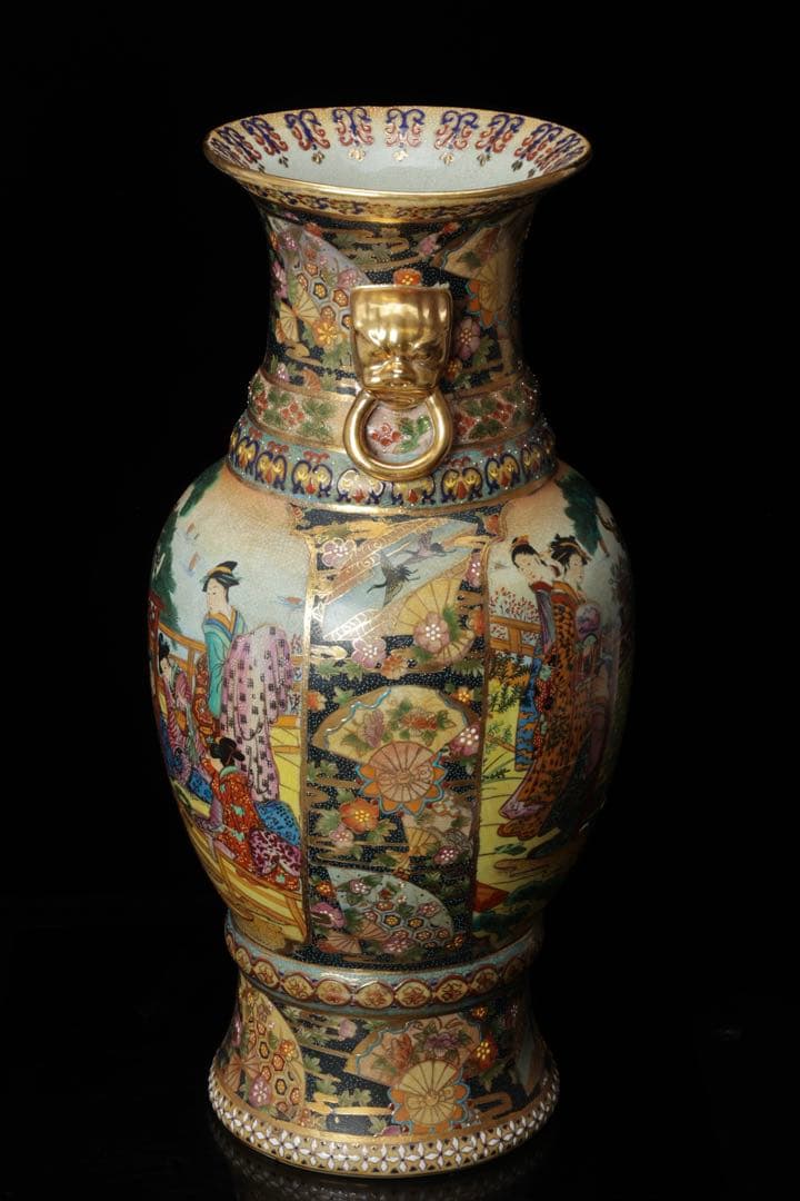 薩摩焼 金薩摩 美人図 大花瓶 高さ61.5㎝ 飾壷 耳付き 花入 古美術品