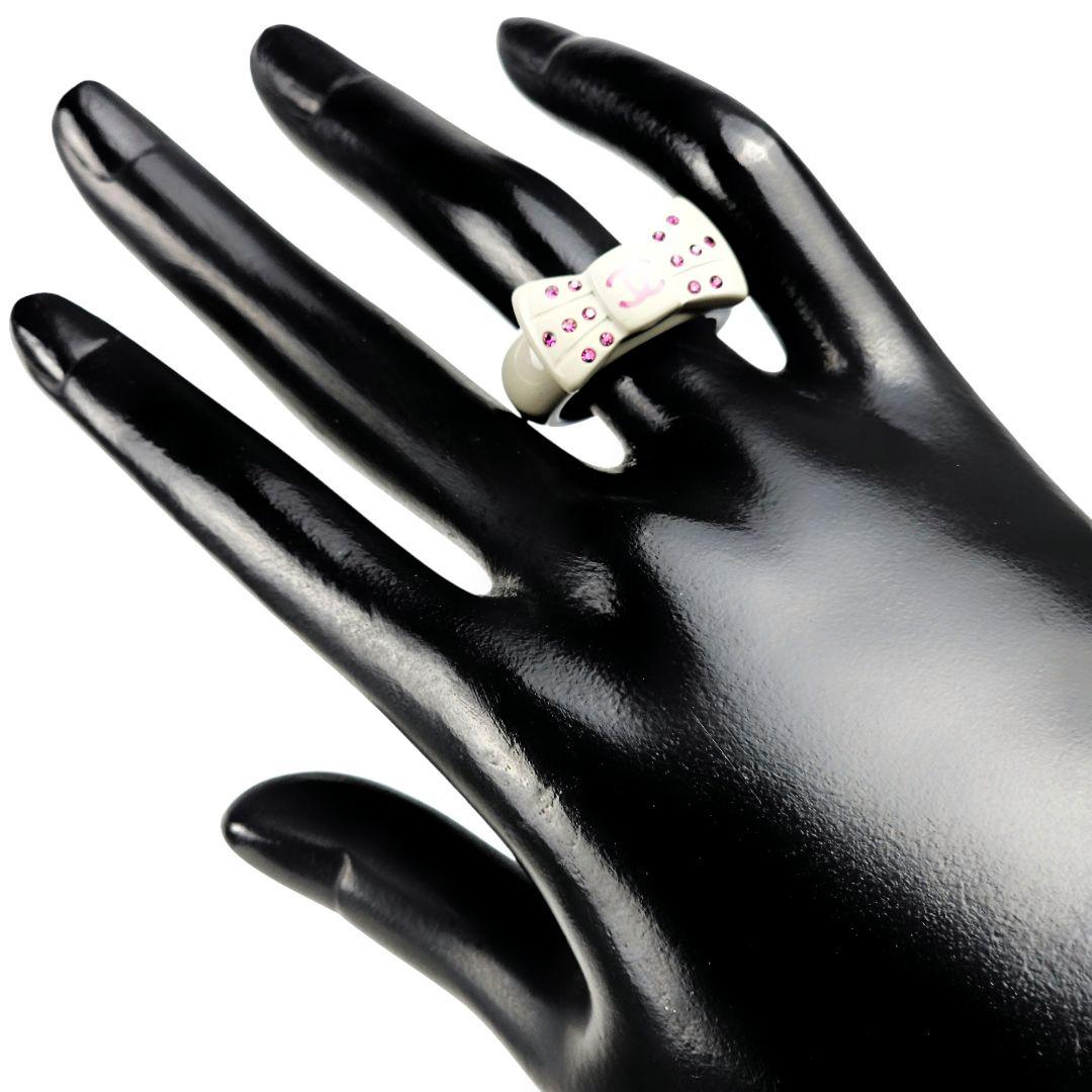 美品 シャネル CHANEL ココ リボン ラインストー リング 指輪