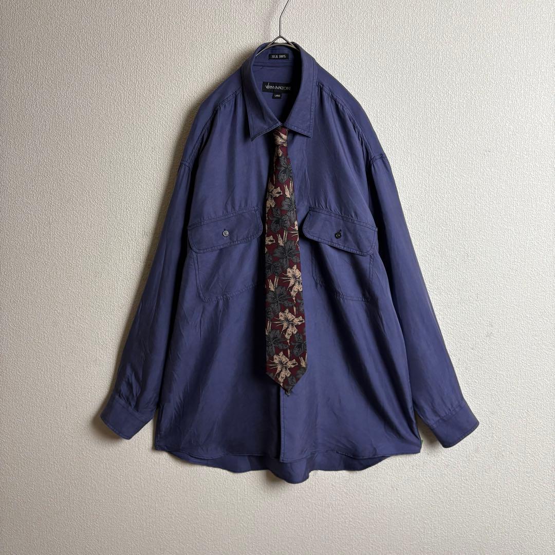 ネクタイシャツスイングトップ　スエード　シルク　ボタニカル　合成皮革切替古着